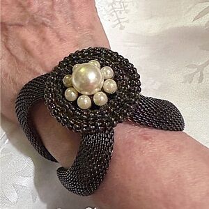 Classic Black Mesh Bracelet with Pearl Accent